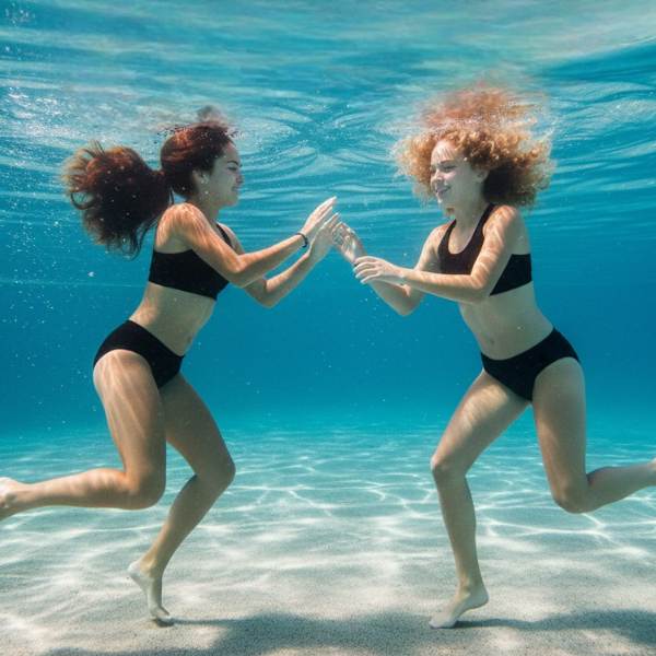 deux ados qui nagent sous leau avec leur maillot special regle